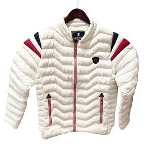 White Puffer Coat Jacket Red Blue Stripes Regal Patriotic Preppy M Ski Lodge